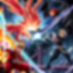 Ichigo vs Cosmic Garou, Shinra, and Jin Mori A dramatic battle scene featuring Ichigo from Bleach, Cosmic Garou from One Punch Man, Shinra from Fire Force, and Jin Mori from God of High School clashing in intense combat