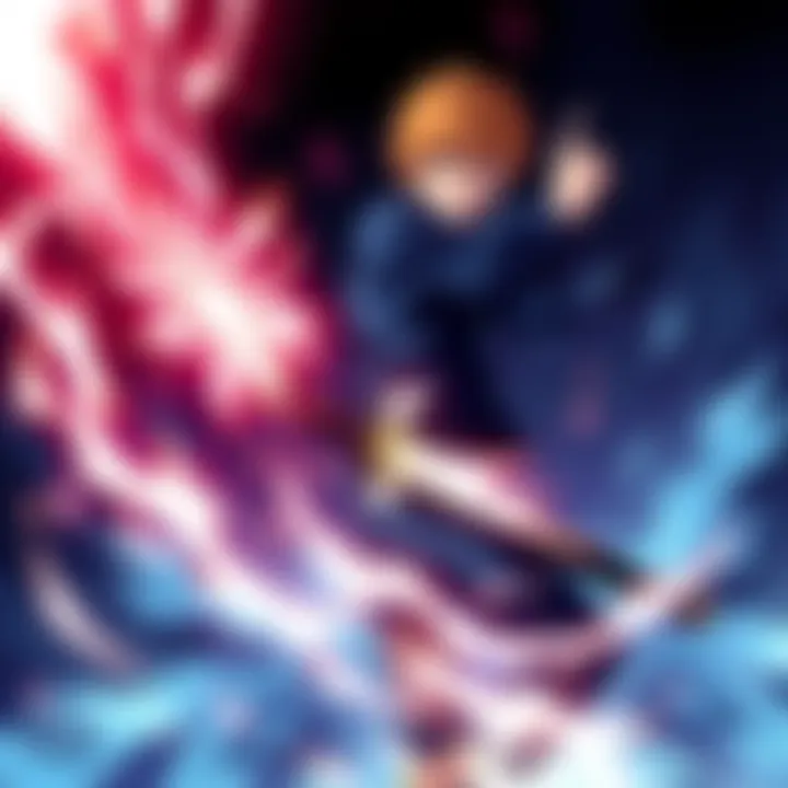 Ichigo Kurosaki activates his Bankai with a dramatic sword pose, surrounded by energy and light, reflecting his determined expression.