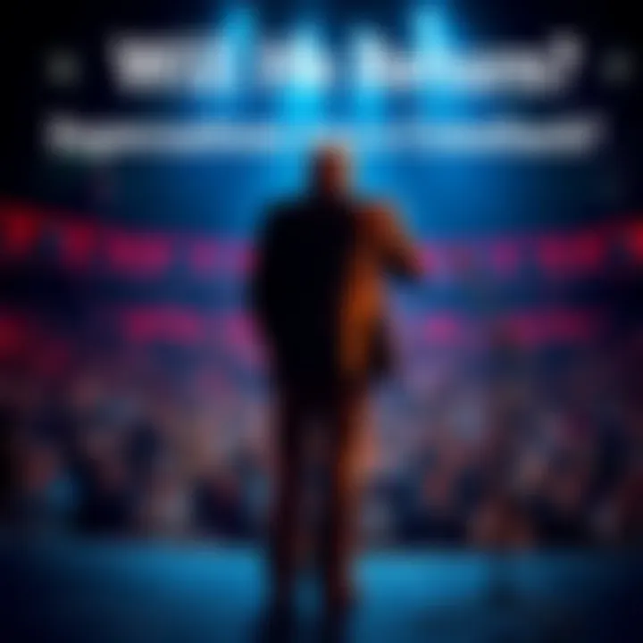 Iconic figure on stage A well-known figure stands at a microphone on stage, looking out at an excited crowd, hinting at a possible comeback.