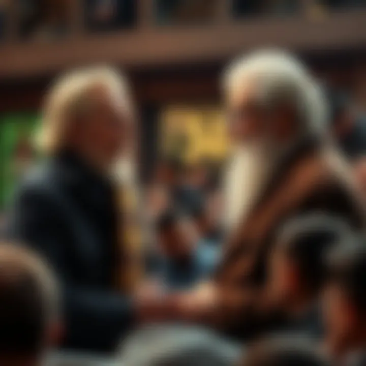 Two well-known personalities engage in a thoughtful dialogue, showcasing their contrasting views and interactions, with an audience listening intently.