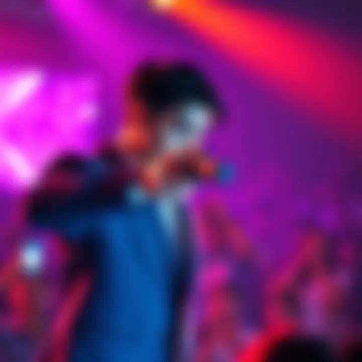 An idol artist aiming a nipplaser during a performance, surprising fans in the audience.
