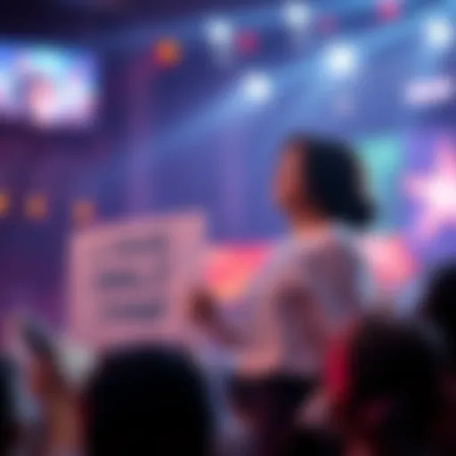 A famous idol on stage with bright lights, smiling at her only dedicated fan in the crowd, holding a sign of support.
