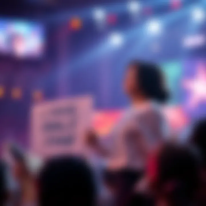 A famous idol on stage with bright lights, smiling at her only dedicated fan in the crowd, holding a sign of support.