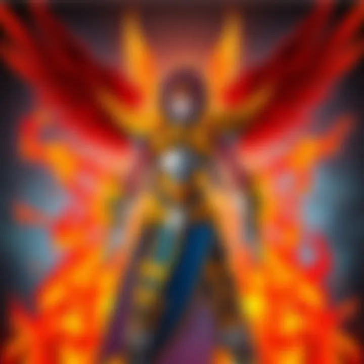 Ikki, the Phoenix Knight from Saint Seiya, stands confidently with flames surrounding him, showcasing his iconic armor and cape.