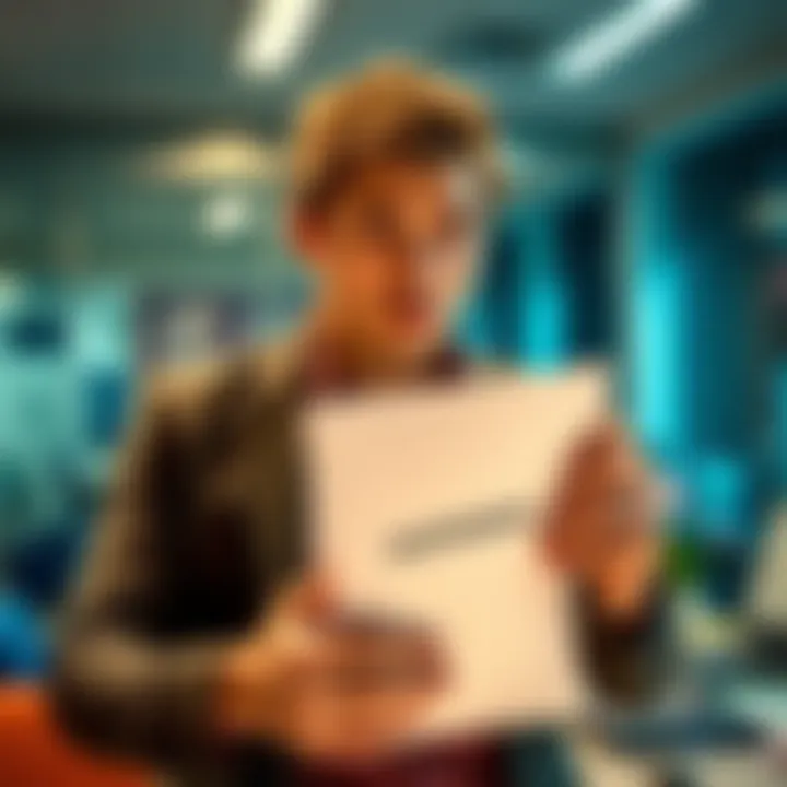 A person looking concerned while holding a document labeled 'summons' in an office setting