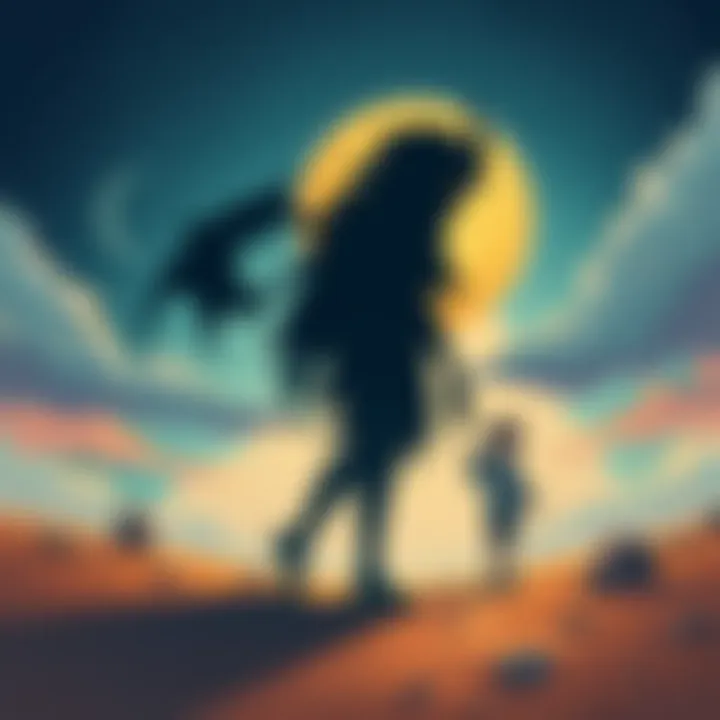 An illustration showing a young person with a shadowy figure beside them, representing an imaginary friend. The setting is a dreamy landscape that hints at the complexity of their relationship.