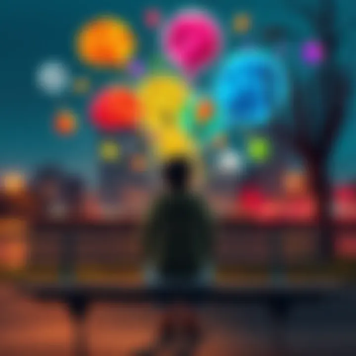 A person sitting on a park bench, eyes closed, surrounded by colorful thought bubbles filled with dreams and creative ideas, contrasting with a dull cityscape around them.