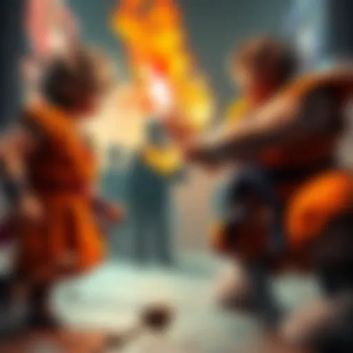 Bum God Nika and Saint Rimoshifu Killingham face off in a colorful scene inspired by Dragon Ball, showcasing their powers in a vibrant setting.