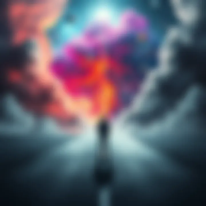 A person standing at a crossroads, one path leading to a colorful dreamscape and the other to a gray, realistic cityscape.
