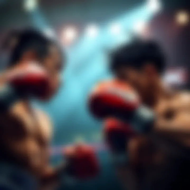 Imai and Ippo face off in a boxing ring, showing intense determination and athleticism during their match.