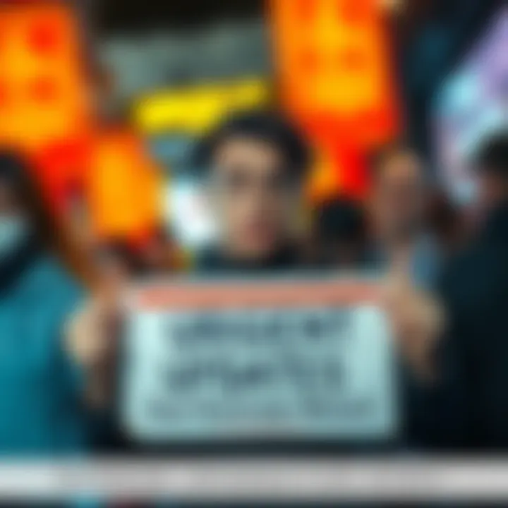 Important Information Alert A person holding a sign that says 'Urgent Updates' with a worried expression, trying to get attention from others.