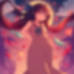Character Imu with a female silhouette Illustration of a character resembling Imu depicted with feminine traits, surrounded by iconic symbols from anime, highlighting fans' interest in strong female representation.