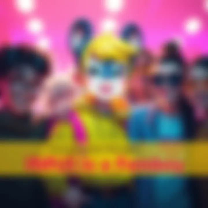 A colorful representation of IMU, a femboy character, wearing stylish clothes and a bright smile, surrounded by supportive friends.