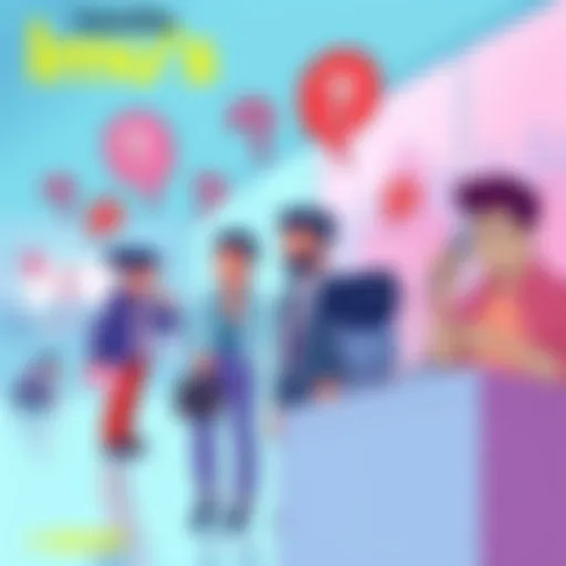 Illustration showing people discussing various theories about Imu's identity in 2025, with question marks around them.