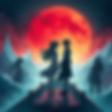 Imu and Joyboy standing on a ship with stormy seas behind them, looking at each other with distrust. Shadows of allies like Queen Lily and Poseidon are faintly visible in the background.