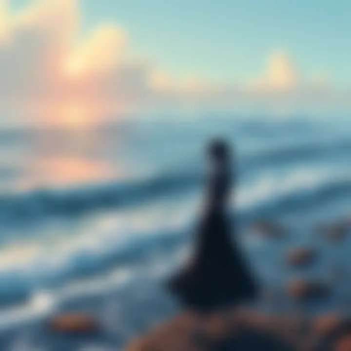 Imu, a figure with dark attire, stands anxiously at the shore, staring at the ocean, while Joyboy, a cheerful character with a bright smile, gestures towards the waves, symbolizing their contrasting f...