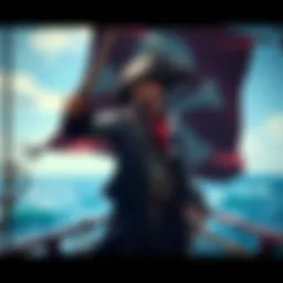 Imu stands confidently on a ship's deck, gazing out at the ocean waves, with a pirate flag flying behind him.