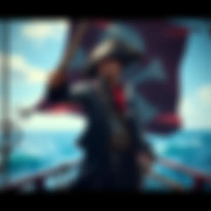 Imu stands confidently on a ship's deck, gazing out at the ocean waves, with a pirate flag flying behind him.