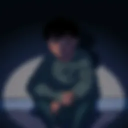 Imu sitting alone with a weary expression, surrounded by shadows, indicating health concerns.