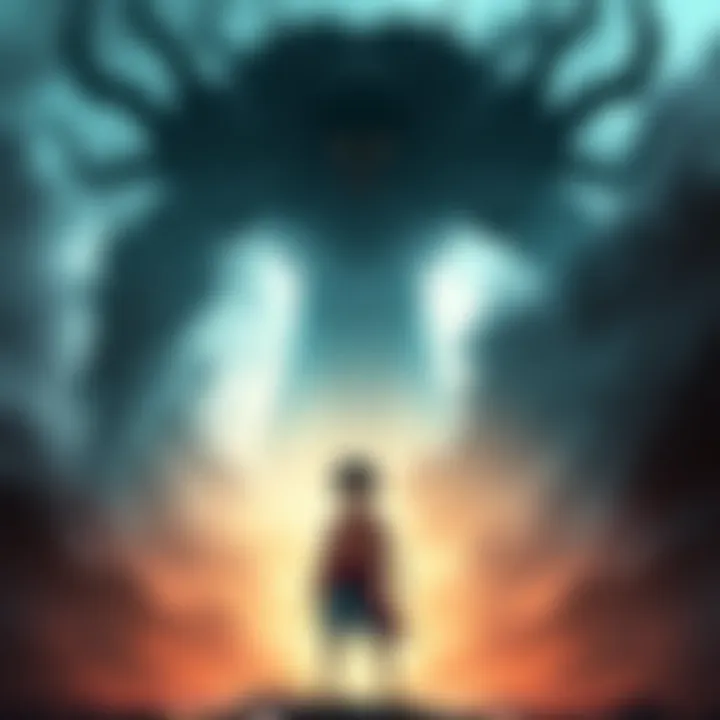 A fierce figure representing Imu, surrounded by shadows symbolizing fearlessness and immortality, with Luffy standing boldly in the foreground, embodying courage against dark forces.