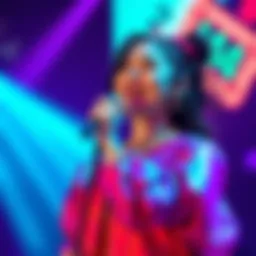 Ina performing in a stunning outfit Ina wears a bright, eye-catching outfit during a live performance, captivating the audience while showing a mix of joy and sadness.