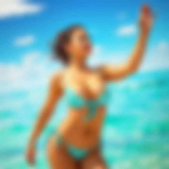Ina confidently poses in a stylish bikini by the beach, enjoying the sun with a vibrant background of ocean waves.