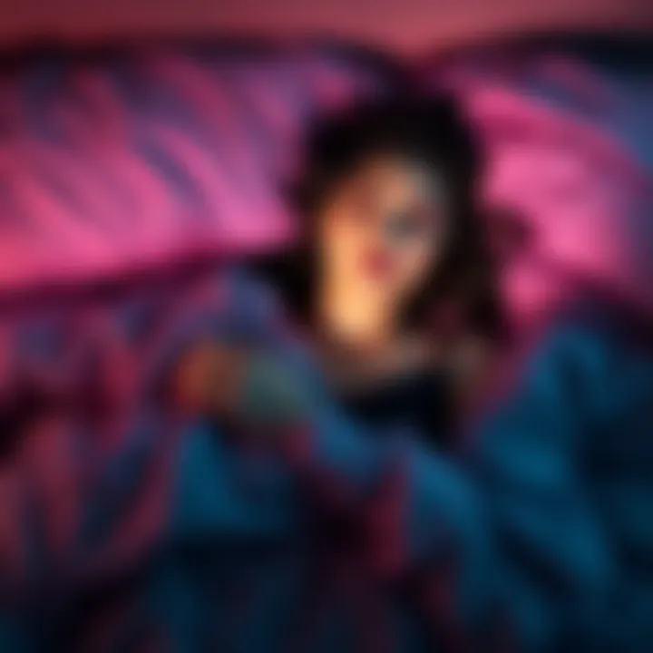Person tempted to stay in bed A woman lying comfortably in bed, looking conflicted about getting up, surrounded by soft blankets and pillows.