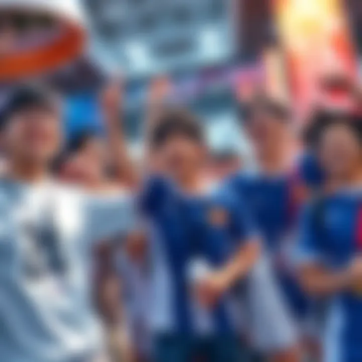 A group of Inazuma Eleven fans celebrating at a convention, wearing team jerseys and holding merchandise.