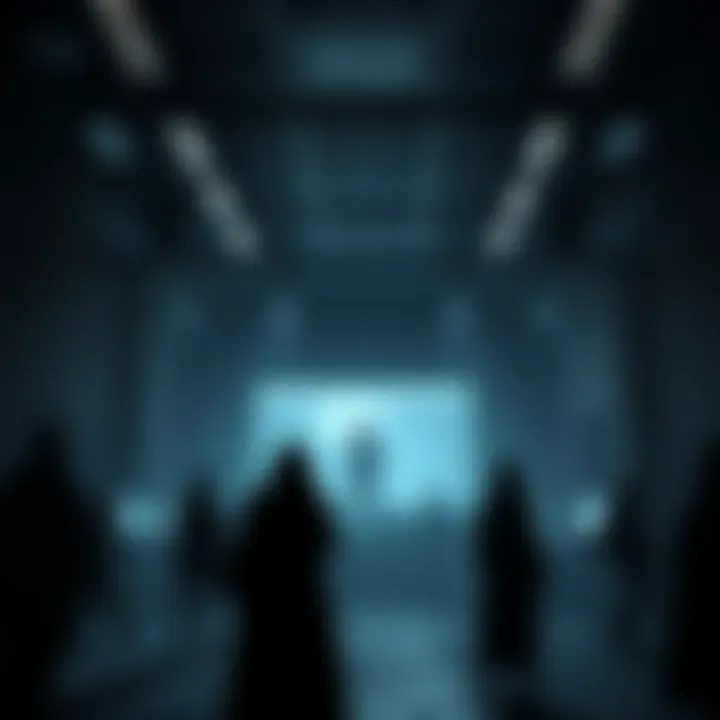 Incel Community Online Forum A digital representation of an incel community forum, showing a stark and unwelcoming atmosphere with dark colors and minimal interaction. Characters are depicted as isolated figures, emphasizing the ...