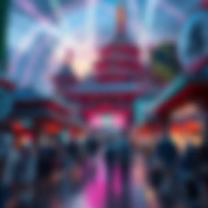 A vibrant real-life scene inspired by the Infinity Castle anime, featuring colorful structures and excited crowds in Japan.