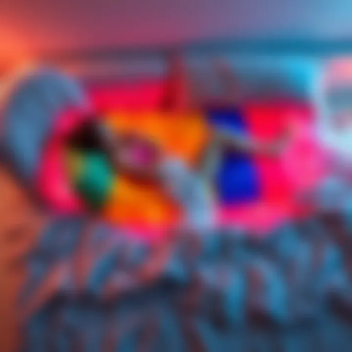 A person lying on a bed using a colorful inflatable body pillow for comfort and support