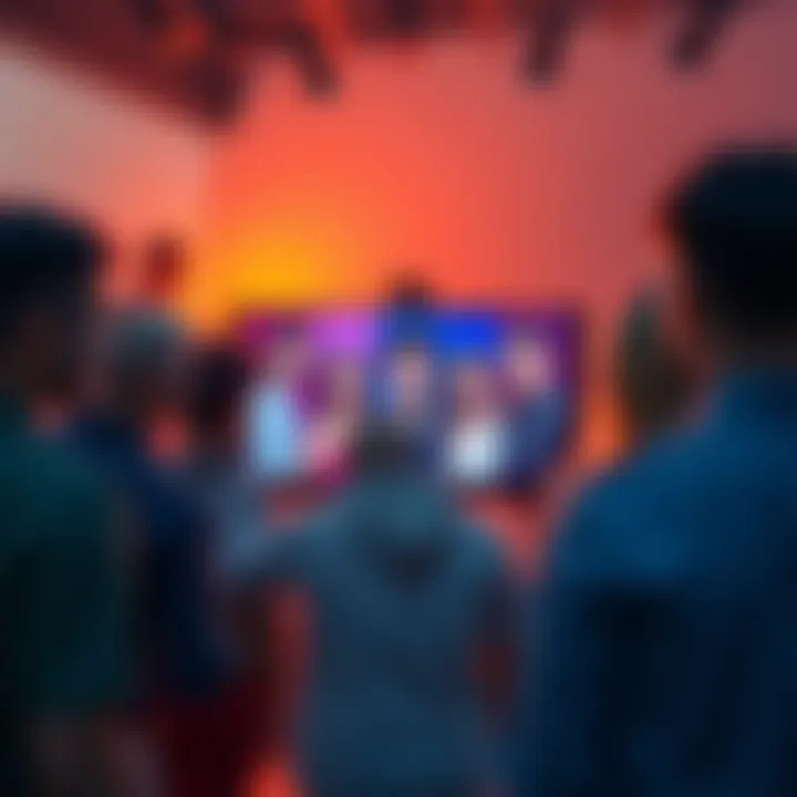 A diverse group of people gathering around a screen displaying famous idols, showcasing their admiration and social connections.