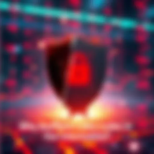 A graphic showing a broken shield with data symbols leaking out, representing information security breaches