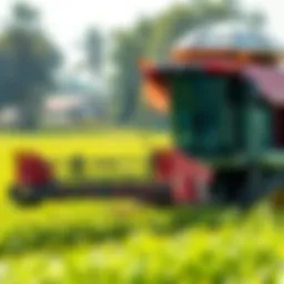 A farmer using modern equipment to harvest vibrant green fodder in a sunny field, showcasing advanced agricultural practices.
