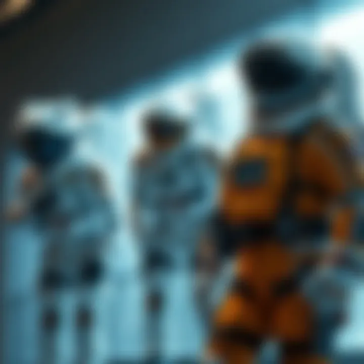 Three spacesuits designed for exploration in space, showcasing unique features and technology.