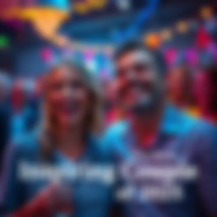 A loving couple smiling together, showcasing their bond and joy, surrounded by happy friends in a celebration setting.