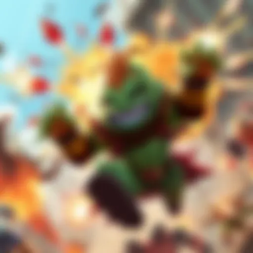 A colorful character resembling a small green creature with a big grin, launching multiple energy blasts in the air, surrounded by a chaotic battle scene.