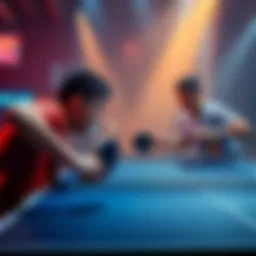 A dynamic scene showing two players in a heated table tennis match, showcasing their skills and focus as they compete fiercely.