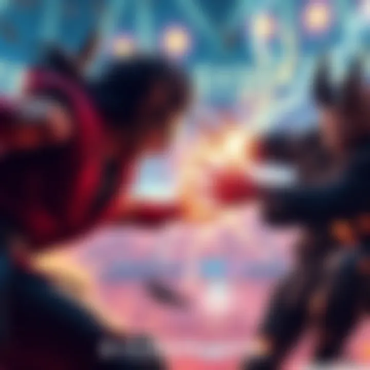 Two characters engaged in a fierce battle, showcasing powerful energy attacks and dramatic expressions, set in a vibrant arena.