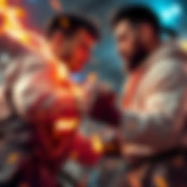 Two characters engaged in a fierce battle, showcasing their skills and emotions during a pivotal moment, with action-packed visuals.