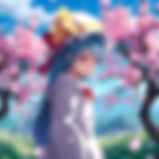 An inverted version of Yuyuko from Touhou, showcasing contrasting colors and unique features, standing in a vibrant landscape with cherry blossoms.