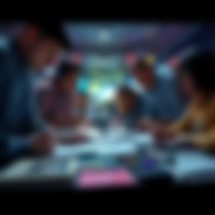 A group of fans examining clues about the source of a mysterious scene, with notes and images spread out on a table.