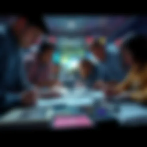 Investigating an Unknown Scene A group of fans examining clues about the source of a mysterious scene, with notes and images spread out on a table.