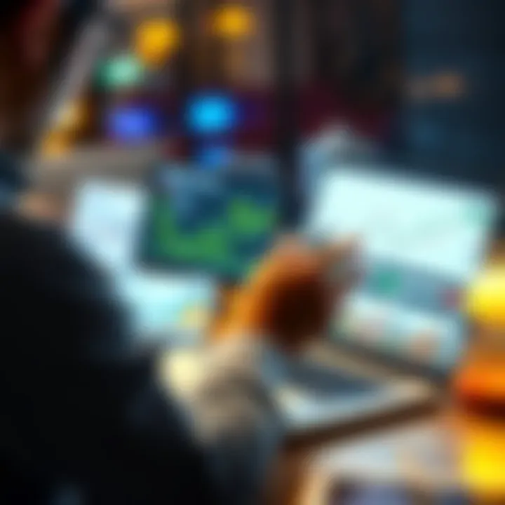 A person examining investment charts and graphs on a laptop with community comments displayed.
