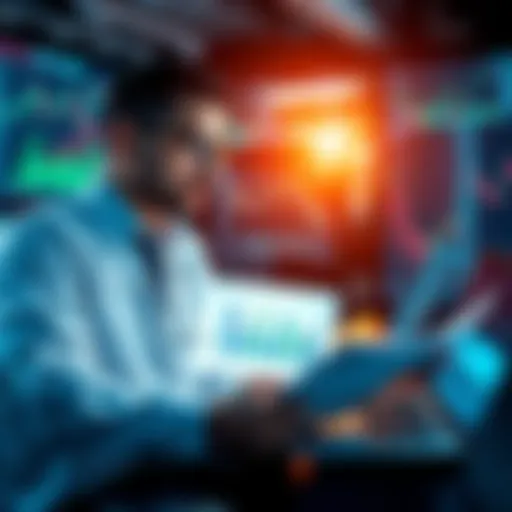 A financial analyst reviewing market trends and investment strategies related to the Blue Lock platform with charts and graphs.