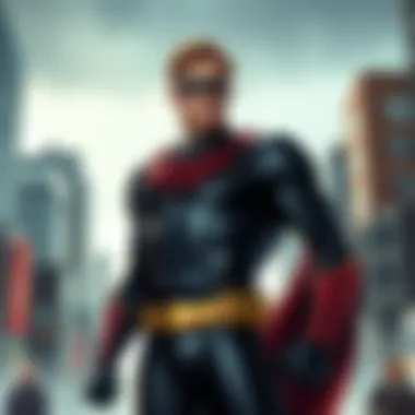 Invincible standing strong The character Invincible poses confidently, showcasing his superhero costume amidst a city backdrop.