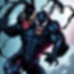 Invincible, a superhero, is shown merging completely with the black Venom symbiote, displaying enhanced muscles and dark, flowing tendrils around him, symbolizing increased power and strength.