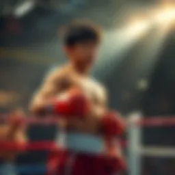 Ippo preparing for a boxing match Ippo stands in a boxing ring, focused and ready to fight, with a determined expression, surrounded by the excitement of the crowd