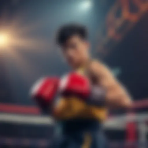 Ippo stands in a boxing ring, looking determined with gloves on, ready to fight. Fans are eagerly waiting for his return.