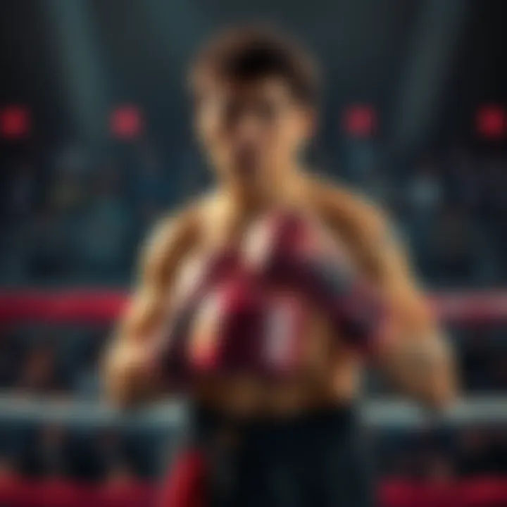 Ippo stands ready in a boxing ring, wearing gloves and looking determined, with a crowd cheering in the background.